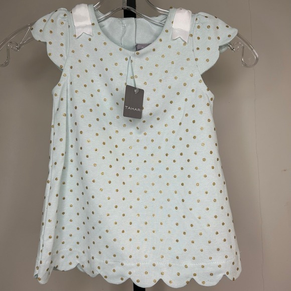 Tahari 3T Dress- mint green gold polka dot, scallop edges, white bow UK 2/3 AU3 - Picture 7 of 7